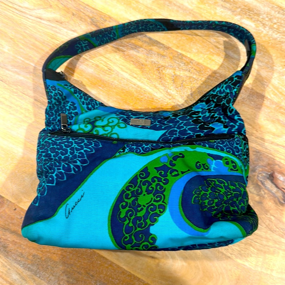 1999 Gucci by Tom Ford Acid Flower Print Nylon Medium Shoulder Bag Blue Flora